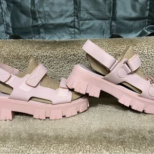 Chunky Pink and Tan Platform Sandals with Adjustable Straps